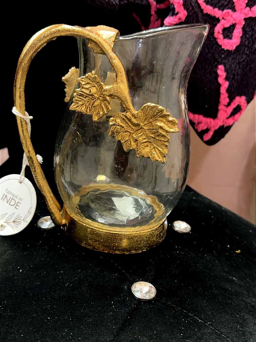 Gold-Accent Glass Pitcher with Leaf Motif - Brand: